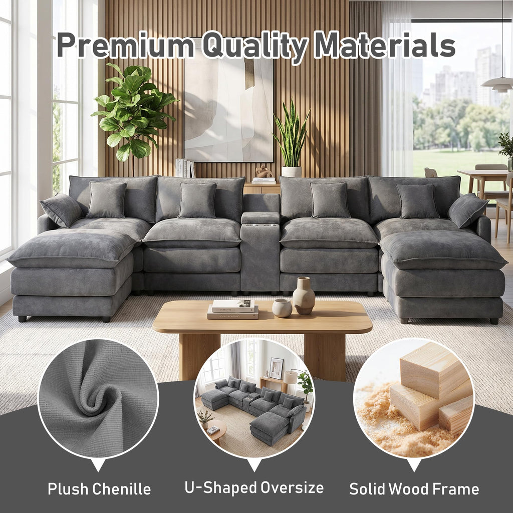 145" Oversized U-Shaped Cloud Sectional Sofa, Grey