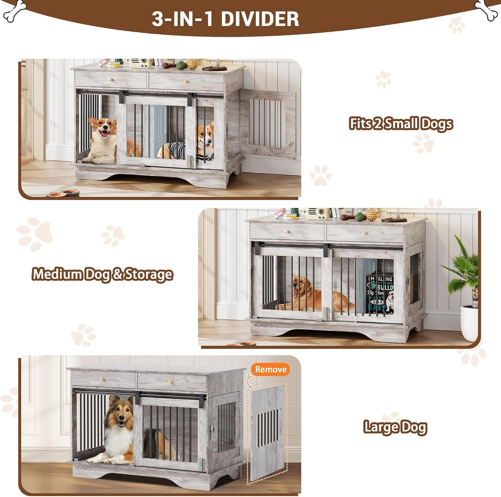 Multi Functional Wooden Dog Crate Furniture Double Kennel End Table Gray