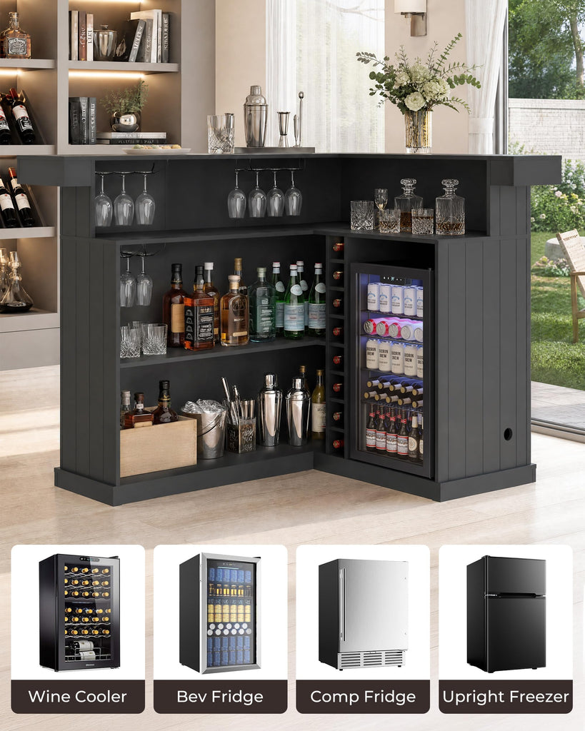 67" L Shaped Home Bar Cabinet with Fridge Space, Basement Bar