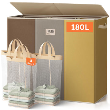 180L 3-Section Laundry Hamper with Lid, Extra Large Dirty Clothes Basket with Sturdy Handles for Laundry Room &