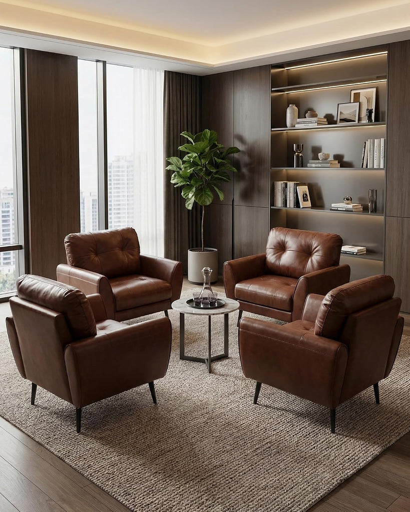 Brown Leather Accent Chairs, Tufted Reading Chairs - Set of 2