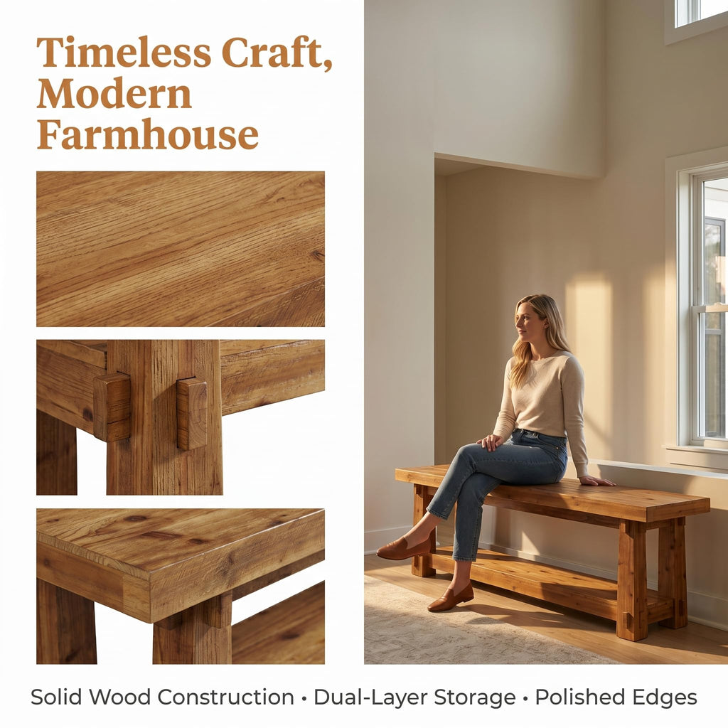 55" Wood Entryway Bench with Shoe Storage, Rustic Dining Bench