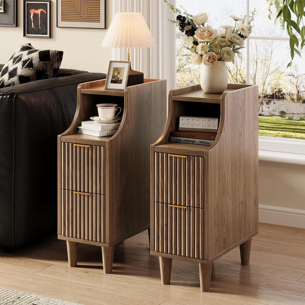 Fluted Nightstands Set of 2,Narrow Bedside Table with 2 Drawers & Storage, Farmhouse Walnut End Table Modern Side