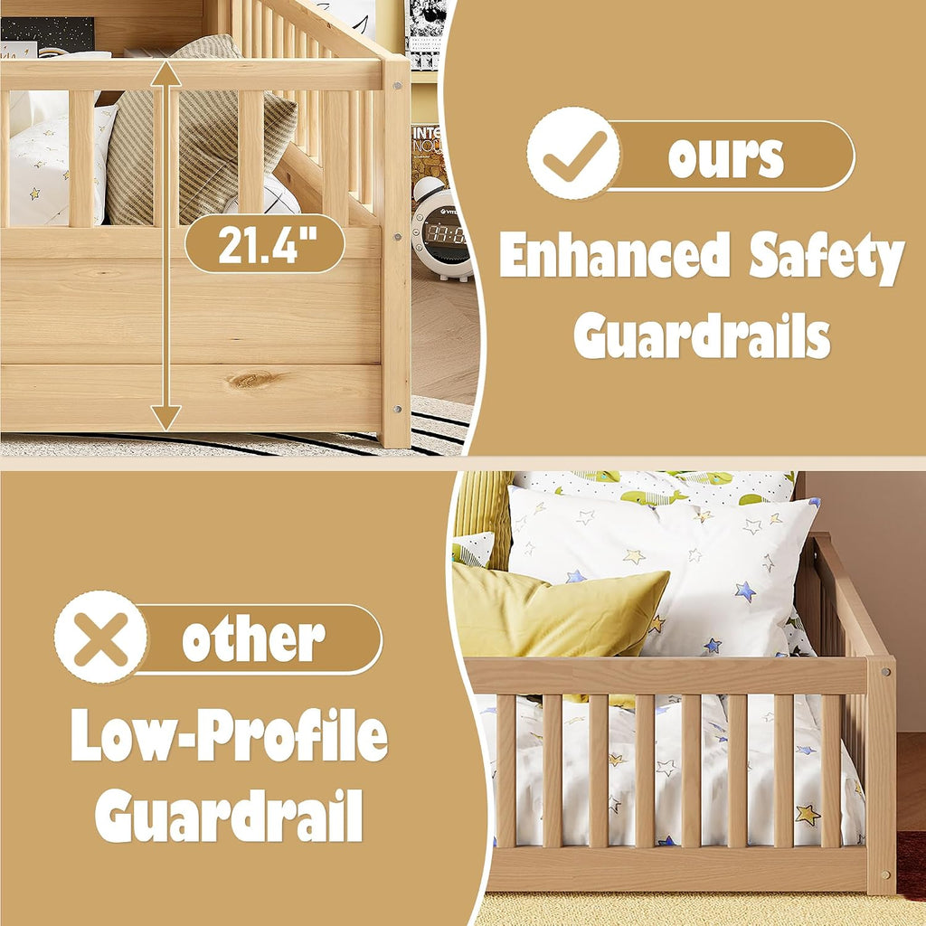 Montessori Floor Bed with Bookcase, Floor Bed with High Fence and Storage Shelves, Easy Assemble