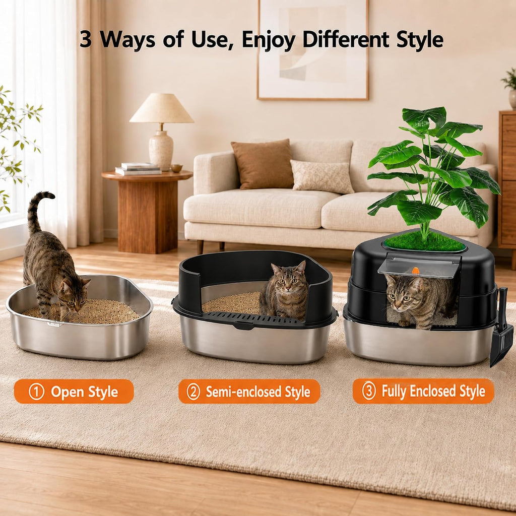 Hidden Corner Cat Litter Box with Faux Plant, Stainless Steel Interior, Covered Odor-Control Enclosure-Black