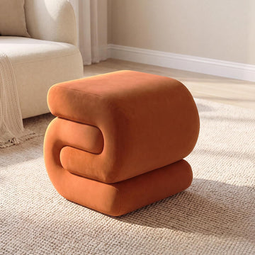 S Shape Modern Pouf Ottoman Vanity Stool, Velvet Orange | Footstool with Sponge Filling, No Assembly Required, Soft