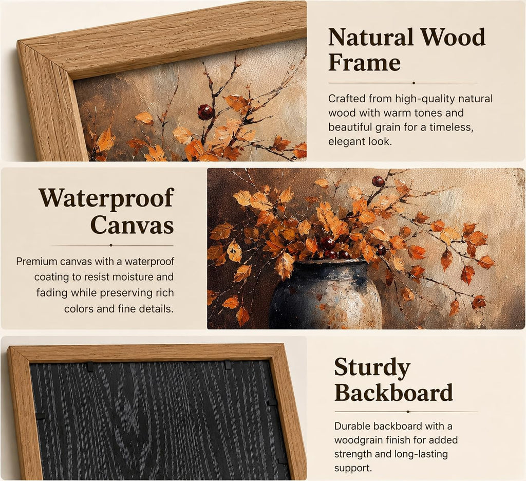 Framed Vintage Autumn Leaf Vase Wall Art, Rustic Still Life Painting Picture Wall Decor, Fall Thanksgiving Botanical