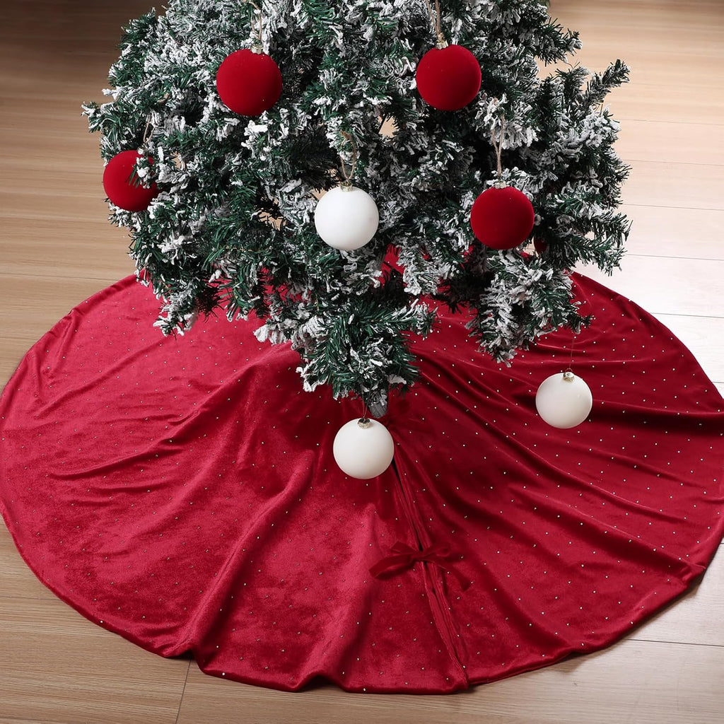 48" Christmas Tree Skirt Velvet Plush,Burgundy Red,Diamonds