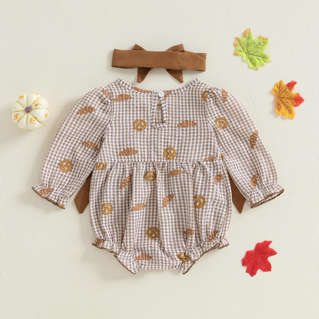 Girl Thanksgiving Outfit Plaid Romper Letter Embroidered Long Sleeve Onesie Headband 2 Piece Fall Set (My Rolls Are
