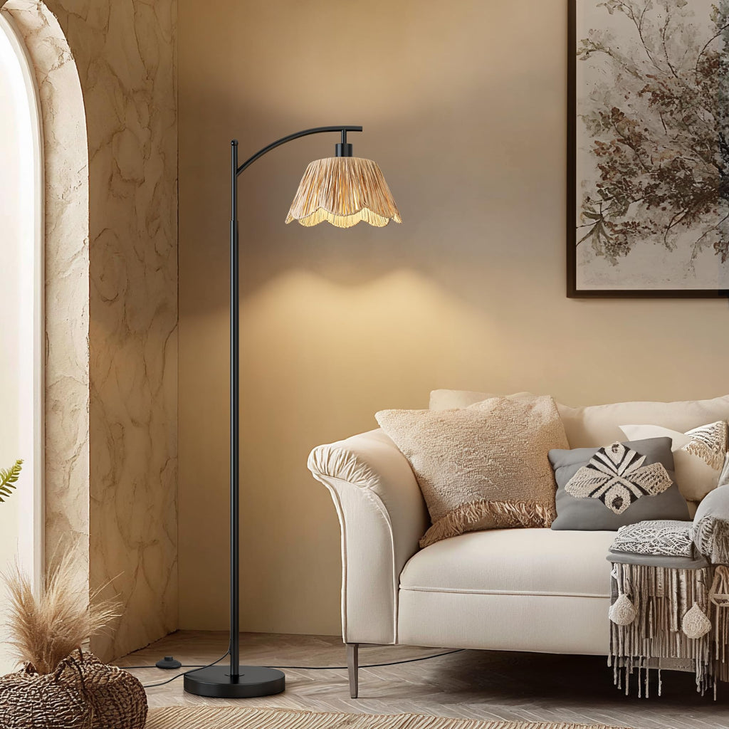 Arc Floor Lamp with 3 Color Temperatures, Rattan Boho Floor Lamp with Hand-Woven Wicker Shade, Farmhouse Floor Lamps