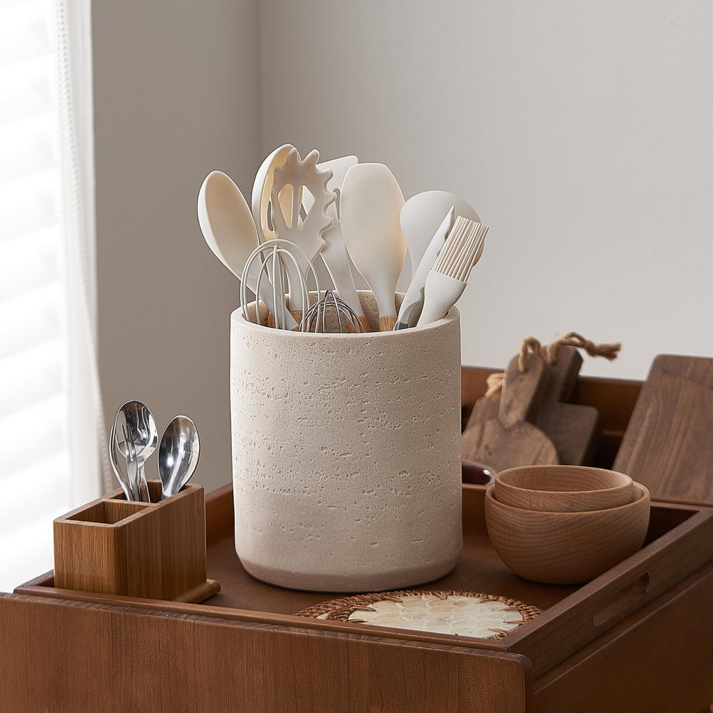 Rustic Beige Stone-Look Utensil Crock Counter - 6" x 7" Heavy Resin Holder with Non-Slip Base, Organizes Wooden