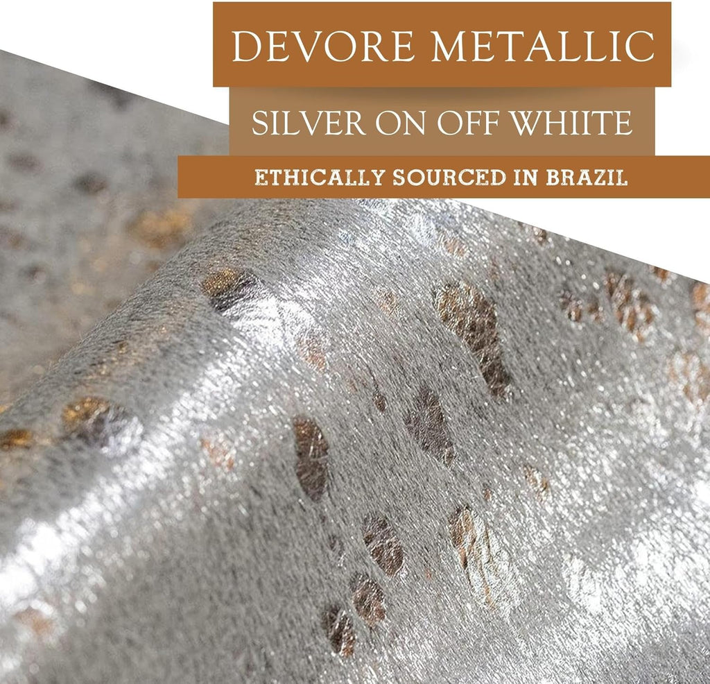 100% Genuine Metallic Silver On Off White Cowhide Rug - Modern Style Animal Skin Rug & Floor Carpet & More - Extra