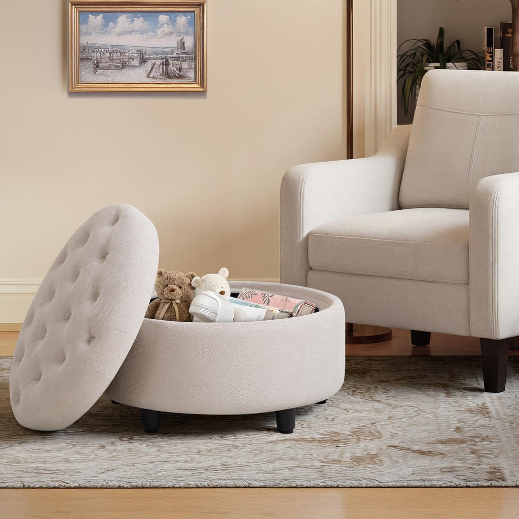 Round Hidden Storage Ottoman with Reversible Tray Lid - Multi-Functional Footrest, Sturdy & Stylish Fabric Coffee