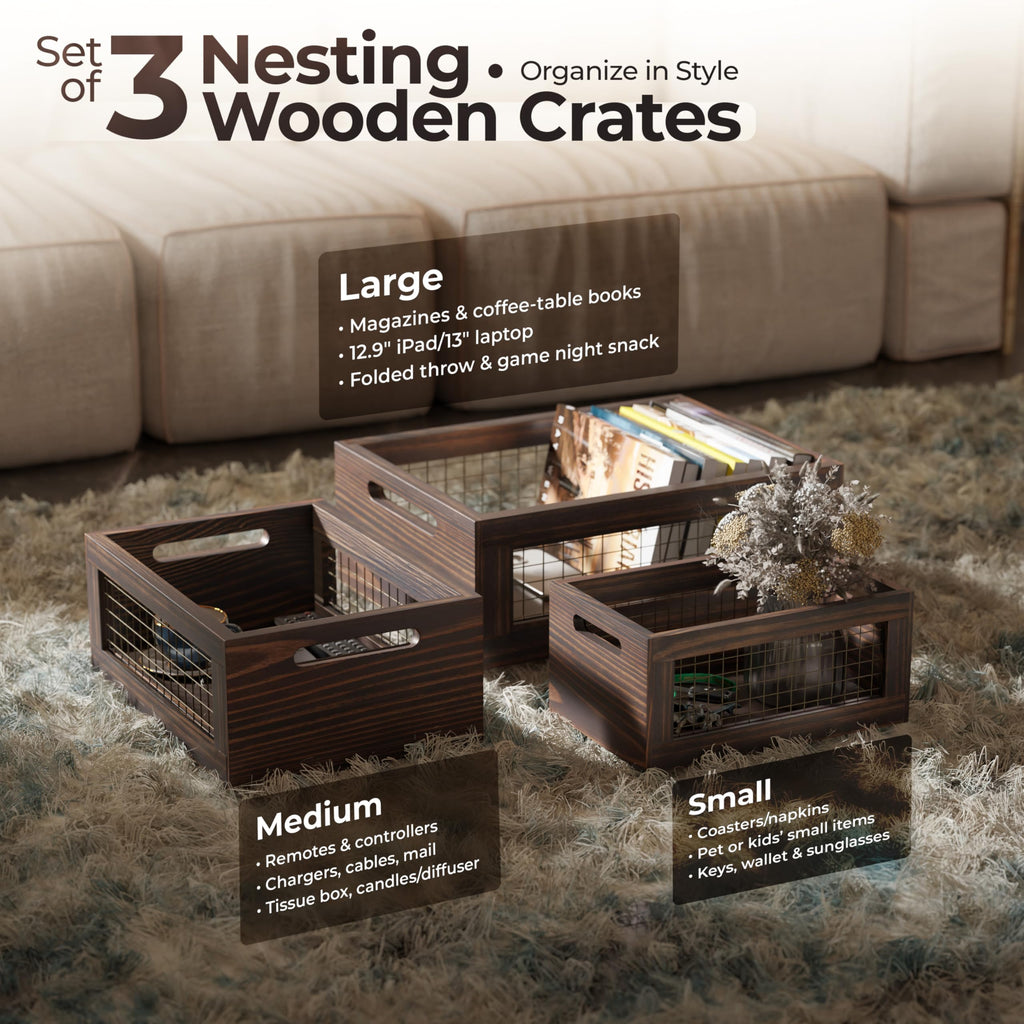 Set of 3 Wooden Nesting Countertop Baskets Wood Crates for Display