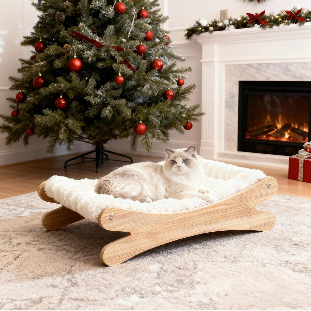 Plush Elevated Cat Bed - Cozy Raised Cat Hammock with Solid Wood Frame, Soft Furry Cushion for Indoor Cats & Small
