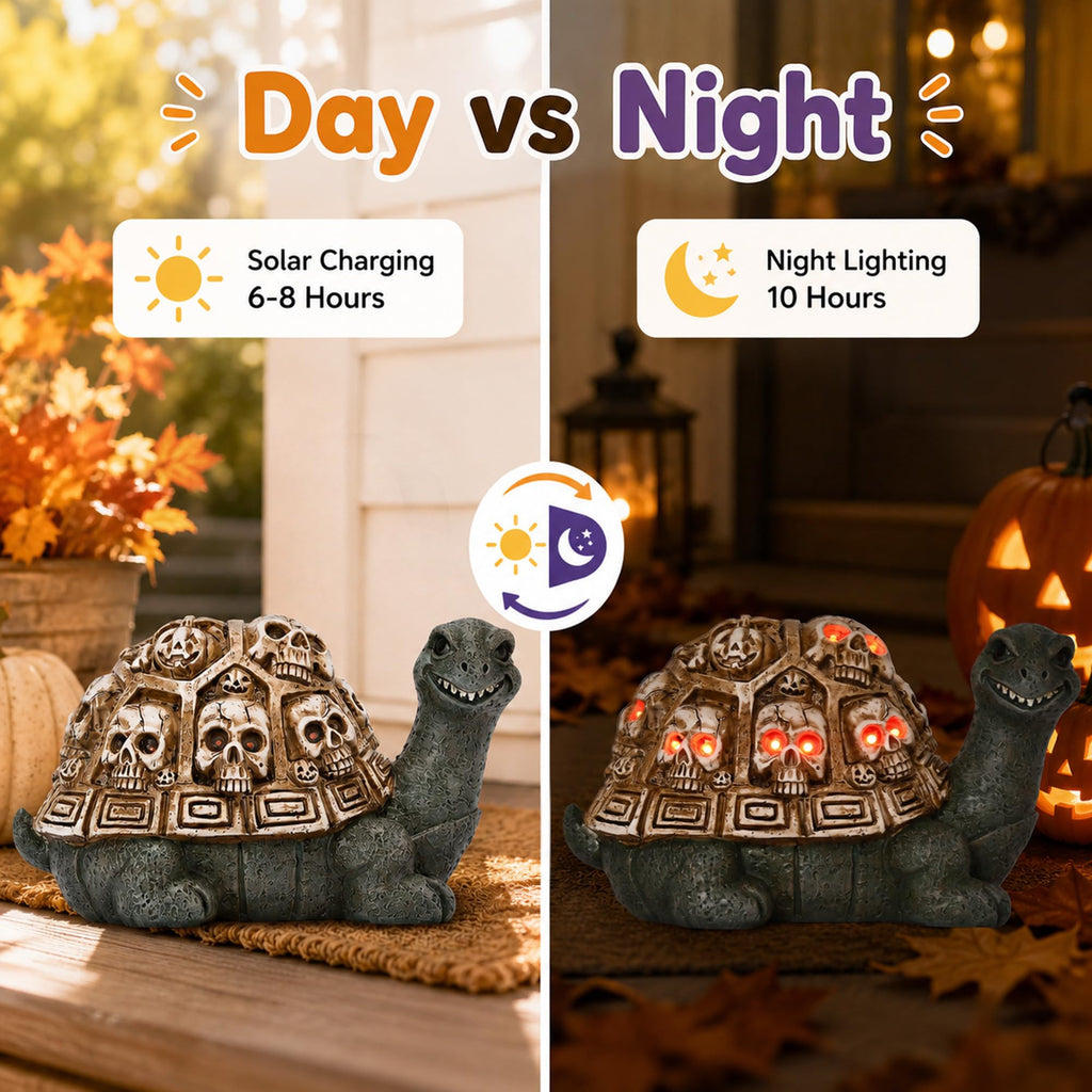 Solar Turtle Garden Statue - Skull Shell & Red Eyes, Halloween Decor