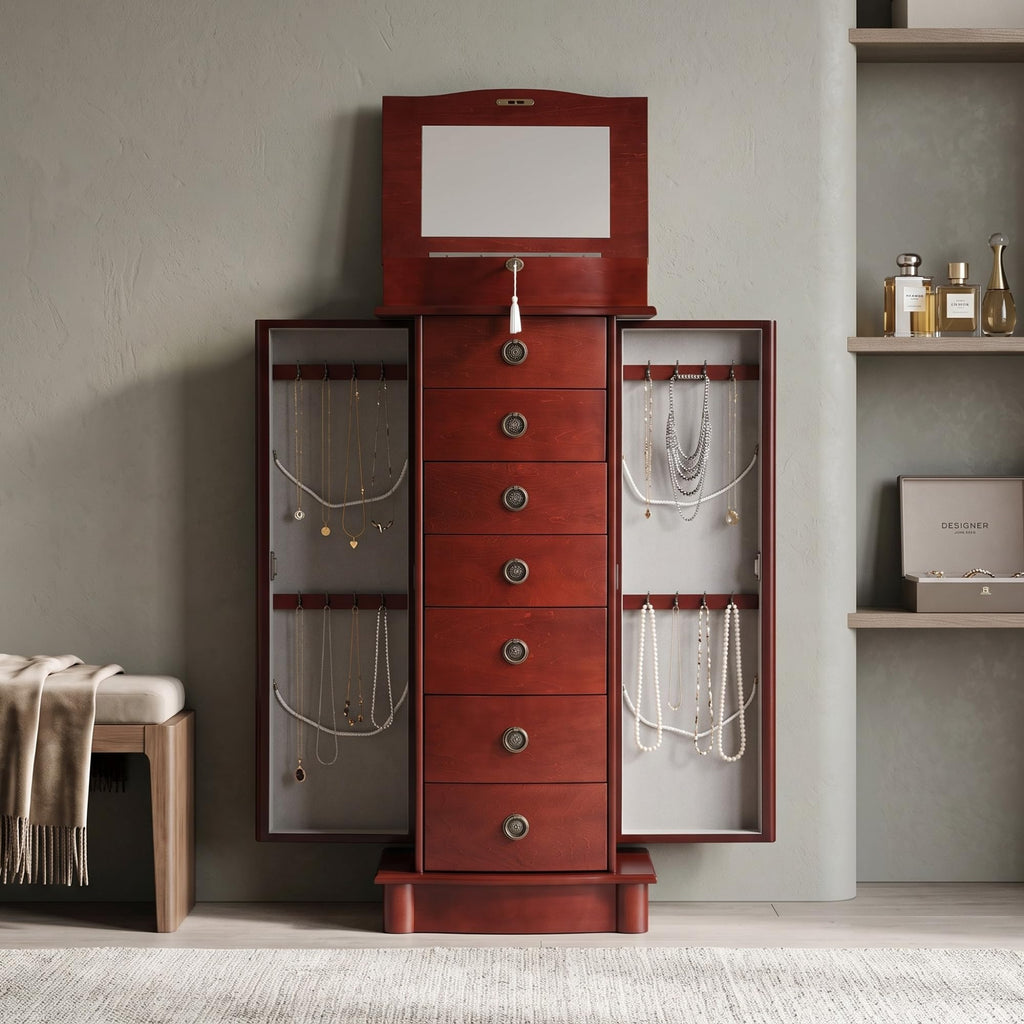 Nora Jewelry Armoire Cabinet with Mirror - 7 Drawers, Locking Top, Necklace Hooks, Anti-Tarnish Felt - Traditional