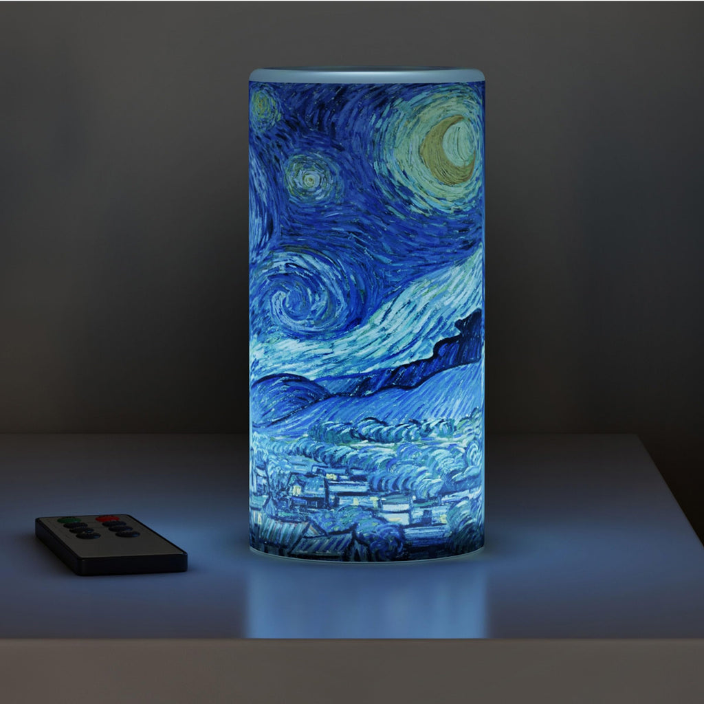 Van Gogh Wall Art Set - Lighted Canvas Starry Night Print with Timer Fiber Optic Lights and LED Flameless Candle
