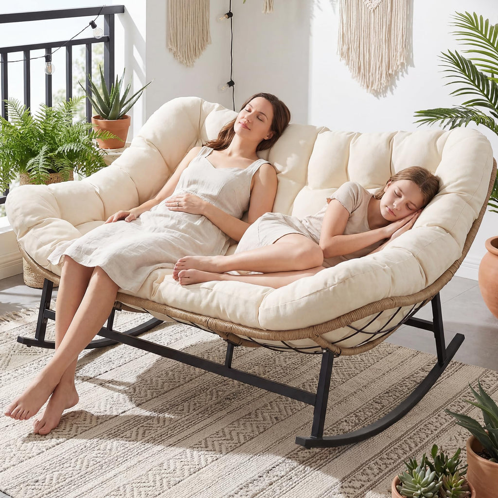 Oversized Double Rocking Papasan Chair with Thick Cushion, 2 Person Big Wicker Outdoor Comfy Recliner, Extra Large