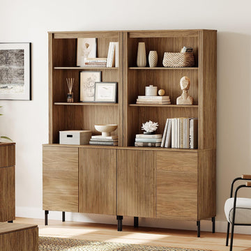 Modern 71.5" Tall Bookcase with 2 Doors, Fluted Bookcase with Storage and Adjustable Shelves, Wooden Storage Cabinet