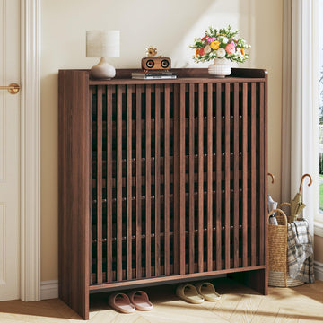 5-Tier Shoe Cabinet with Sliding Shutter Doors, Wooden Shoe Storage Cabinet with Adjustable Shelf, Modern