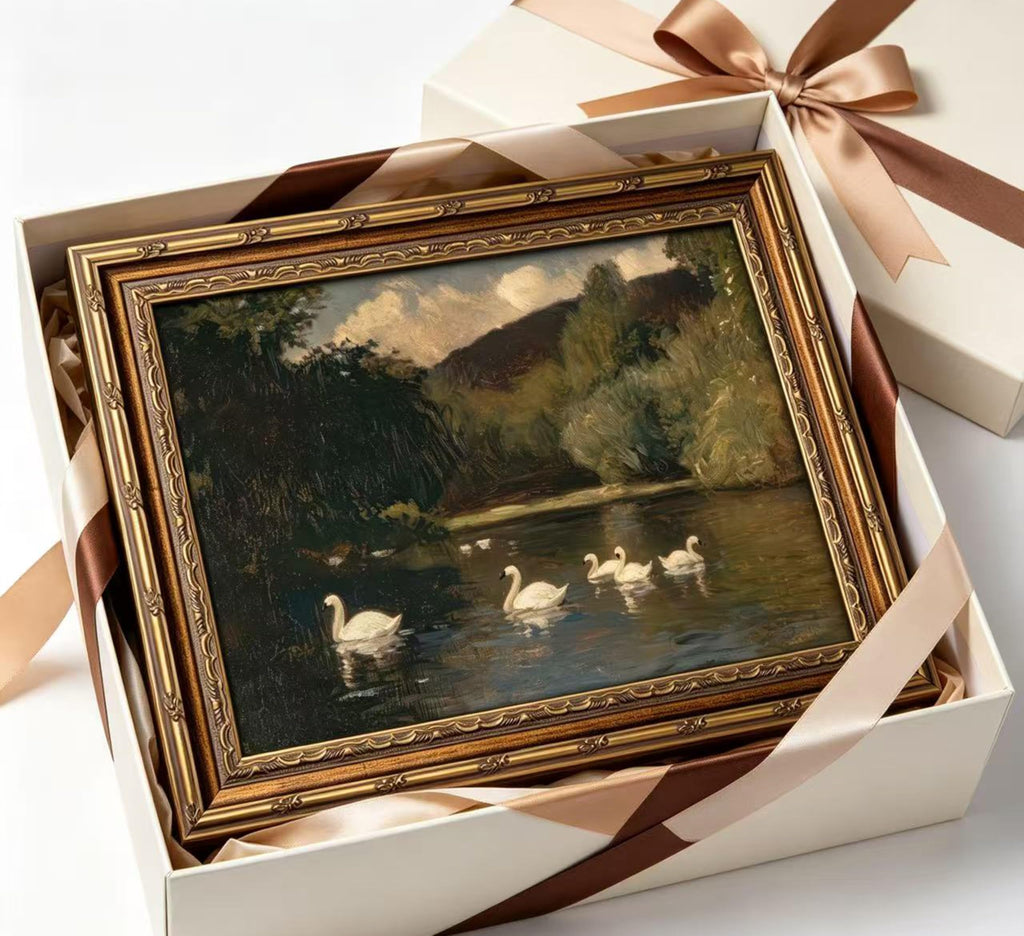 Vintage Gold Framed Swan Wall Art, Dark Moody Swans Lake Landscape Oli Painting Canvas Print, Antique Wildlife Bird