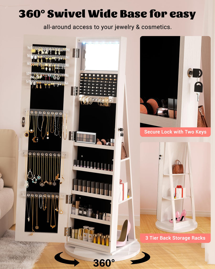 LED Jewelry Cabinet Standing with Frameless Full-Length Mirror, White