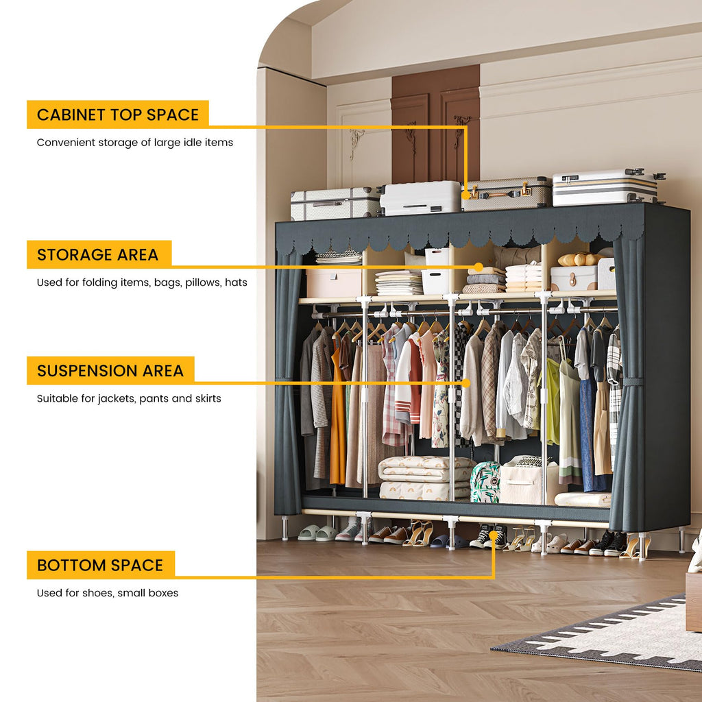 Large Portable Armoire Wardrobe Closet with 4 Hanging Rods and Lockers, Metal Storage Wardrobe Clothes Rack with Dust
