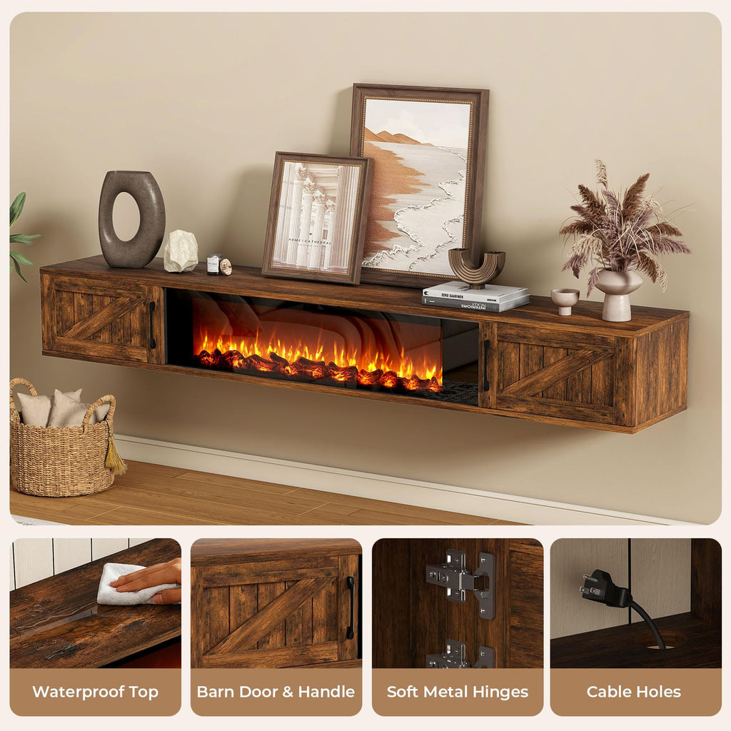 Floating TV Stand with 36" Electric Fireplace, 70" Farmhouse Entertainment Center for TVs Up to 80" Wall Mounted