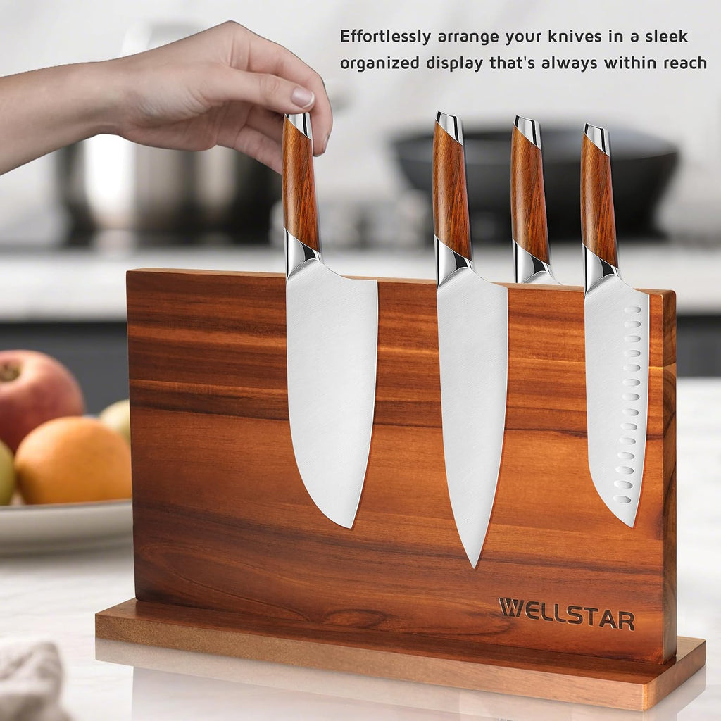 Extra Large Acacia Magnetic Knife Block 16x10 Inches, Dual-Sided Wood Stand | Strong Magnet Knife Holder, Luxurious