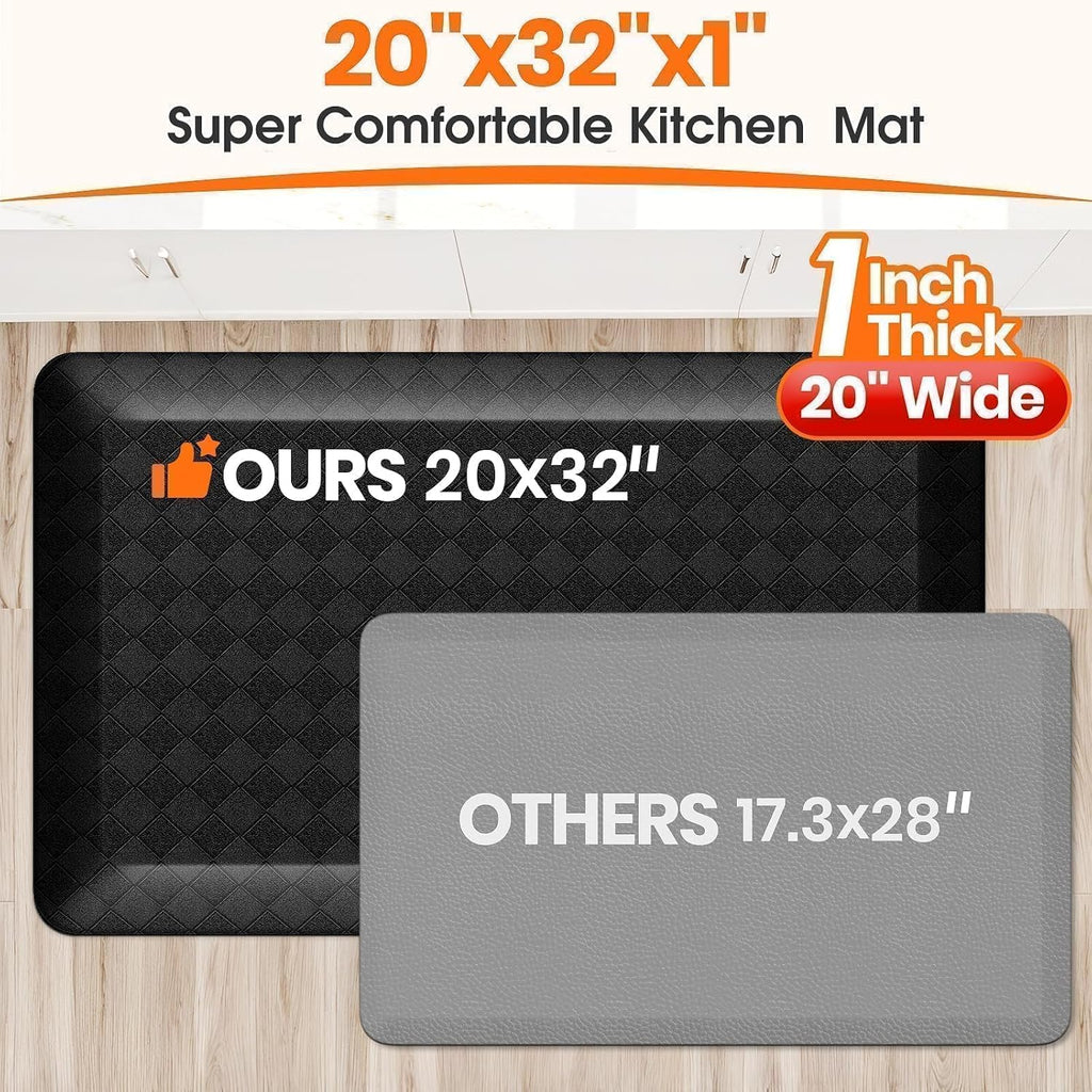 1" Thick Kitchen Mats for Floor, Water Resistant Floor Rug,Black/32" x 20" | Non-slip, Heavy Duty, Anti Fatigue