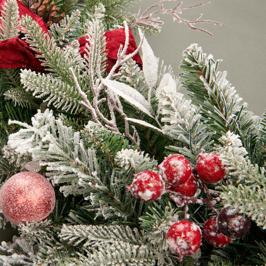 9FT Pre-lit Flocked Snow Christmas Garland, Berries and Bows and 50 Lights, Plug , Holiday Decoration Fireplace