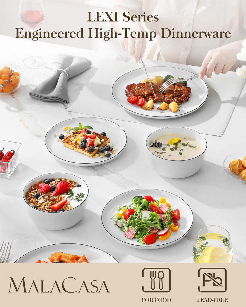 Dinnerware Set for 8, White Black-Rim Porcelain Dishes
