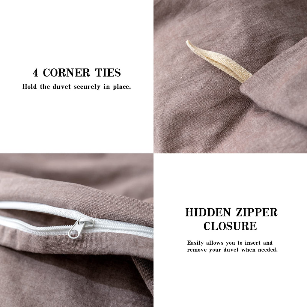 Duvet Cover Set- 100% Washed Cotton 3 Pcs Soft Comfy Breathable Chic Linen Feel Bedding, 1 Duvet Cover and 2