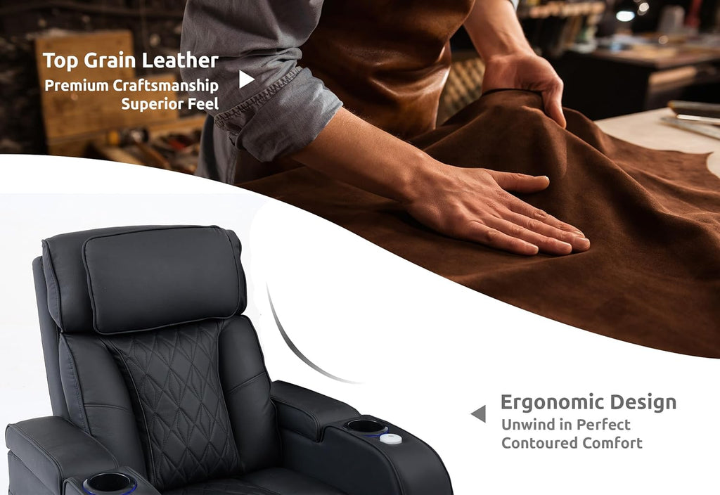 Home Theater Seating Top Grain Leather, Movie Theater Chairs Theater Recliner Sofa with Dual Power Ergonomic Design 7