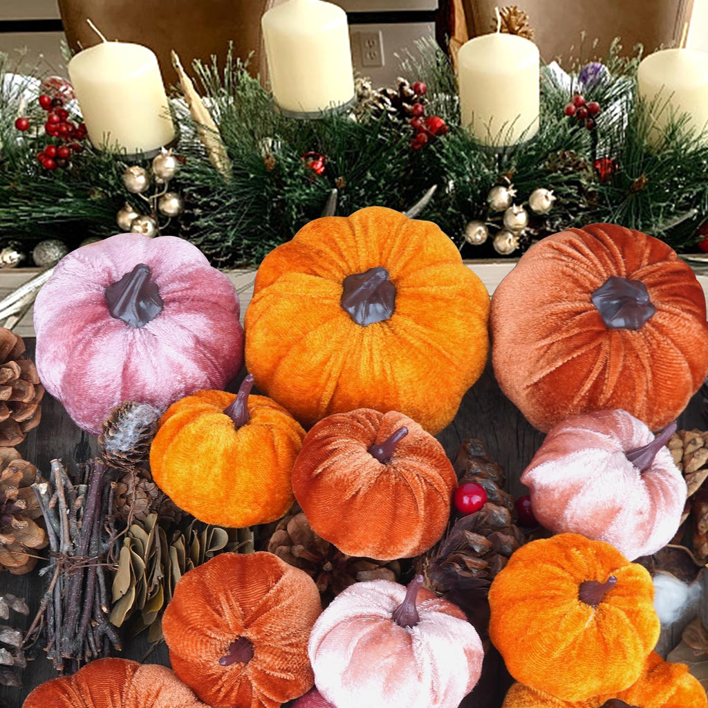 12Pcs Fall Artificial Velvet Pumpkins Assorted Sizes Orange Brown Pink Fake Farmhouse Harvest Pumpkins for Fall