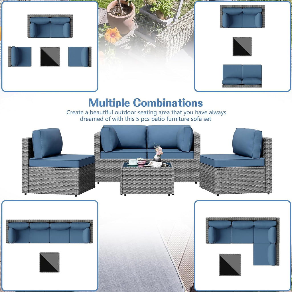 5 Piece Outdoor Patio Furniture Set, Silver PE Rattan Wicker Sectional Sofa with Glass Coffee Table - Navy Blue