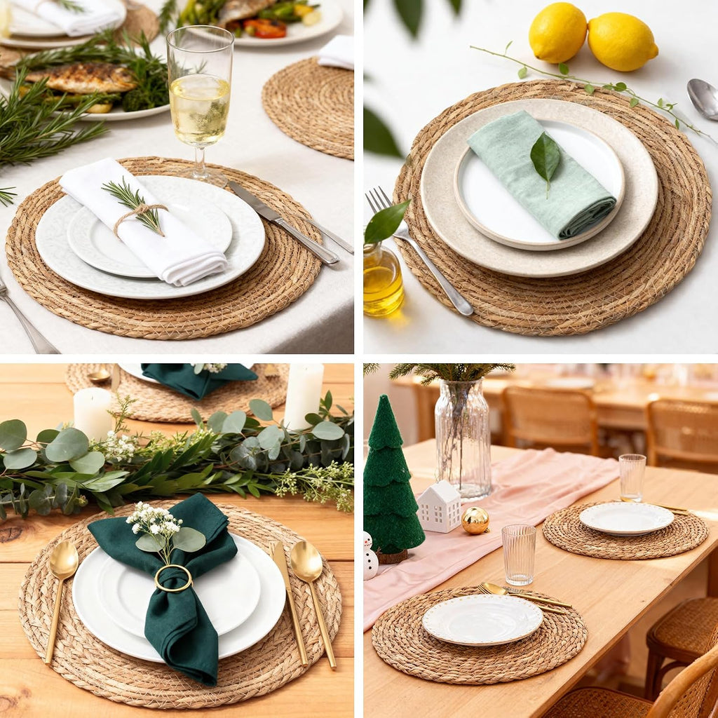 Woven Placemats Set of 6 with Water Hyacinth Storage Basket, Natural Woven Table Mats for Dining Table, Handmade Boho
