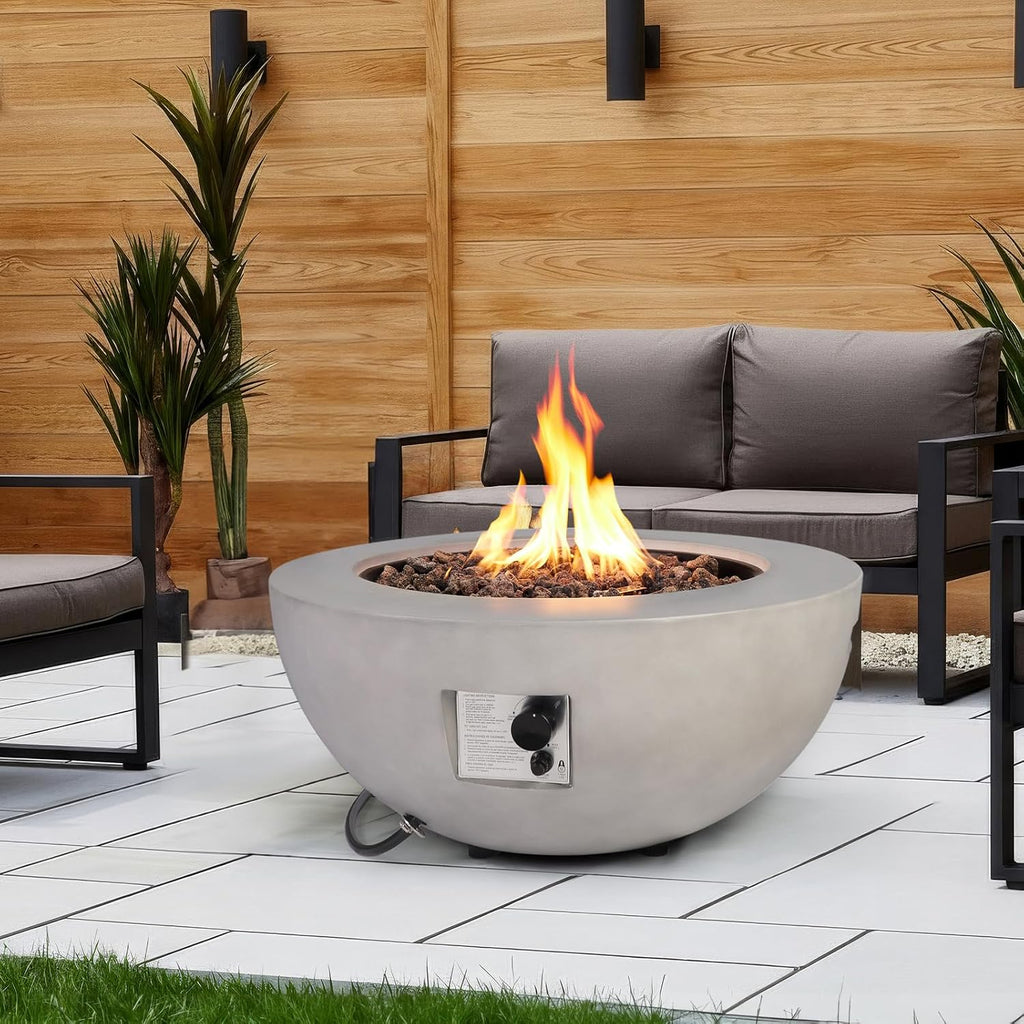31.5 Inch Round Propane Fire Pit Table - Concrete Round Fire Bowl 50,000 BTU Natural Gas Firepit Burner with Steel Lid