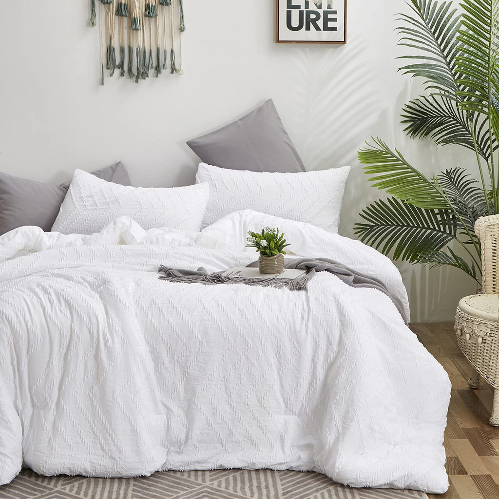 White Jacquard Comforter Set King Boho Bedding Comforter Farmhouse Shabby Tufted Blanket Quilts Rustic Plain White
