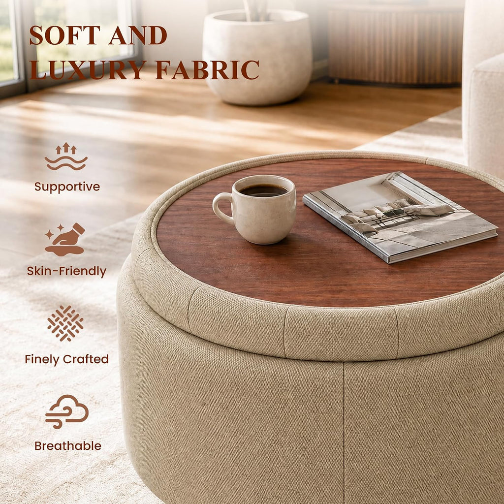 25Inch Round Storage Ottoman, Small Round Ottoman Coffee Table with Storage | Tufted Fabric Storage Ottoman with