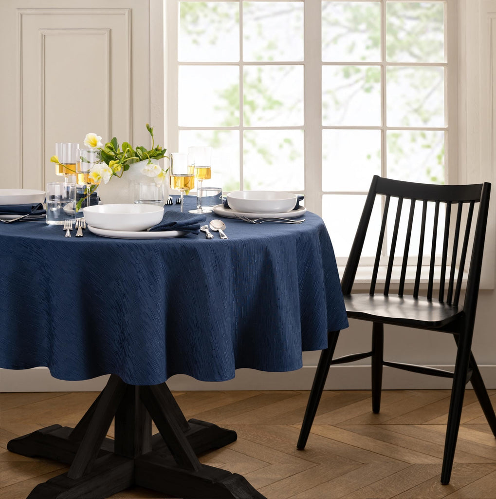 Continental Solid Texture Water Resistant Tablecloth, Navy - 60" W x 84" L Oval