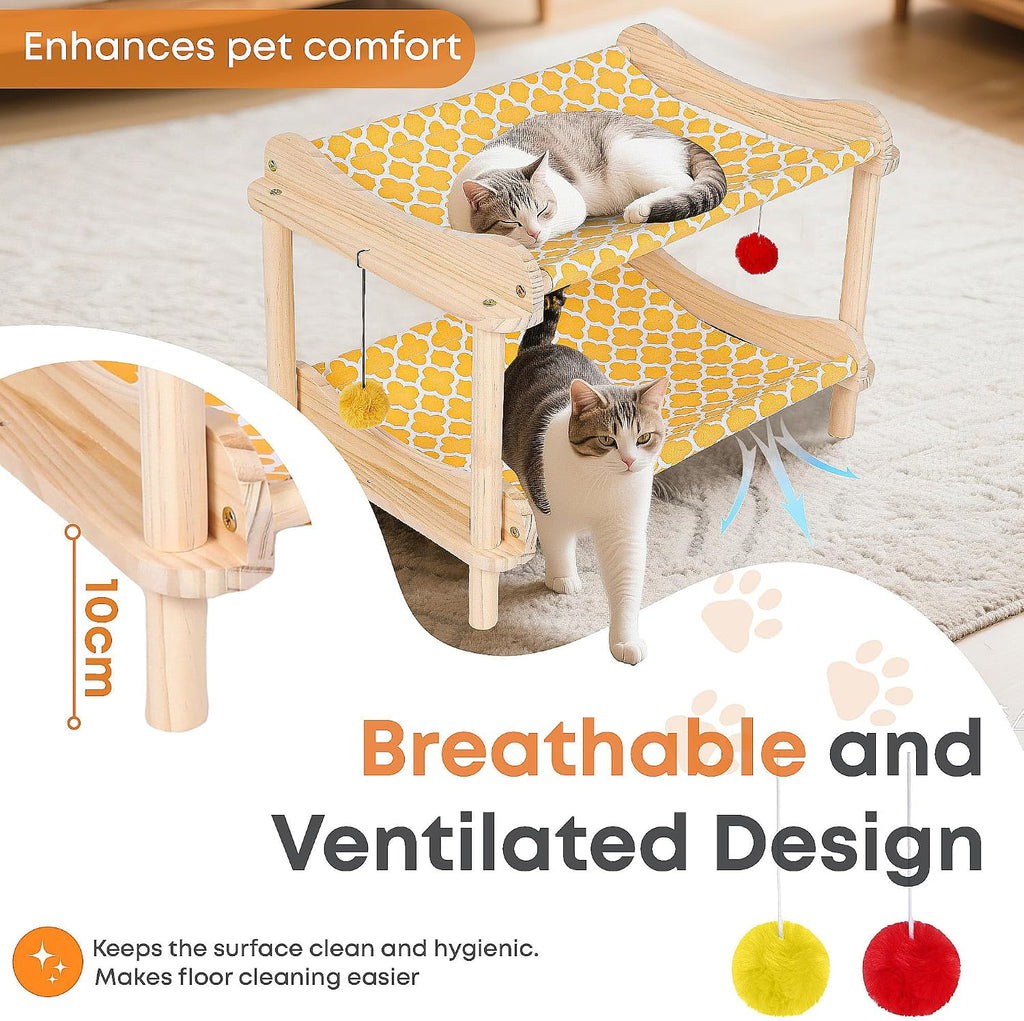 2-Layer Cat Hammock Bed, 24"x15.7"x16.3" Elevated Cat Bed with Pine Wood Frame, Breathable Washable Covers, Wooden
