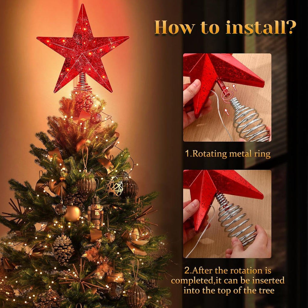 Red Christmas Tree Star Topper with Lights, 8.5-Inch Light-Up Christmas Tree Topper with Remote Control, 4 Brightness