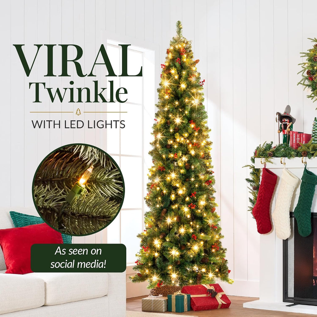 Pre-Lit Spruce Pencil Christmas Tree Pre-Decorated w/Twinkling LED Lights Holiday Decoration w/ 250 Lights, 618