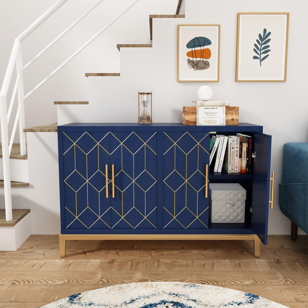 Accent Cabinet with 4 Doors, Modern Credenza Storage Cabinet, Carved Decorative Buffet Sideboard, and Hallway, Blue