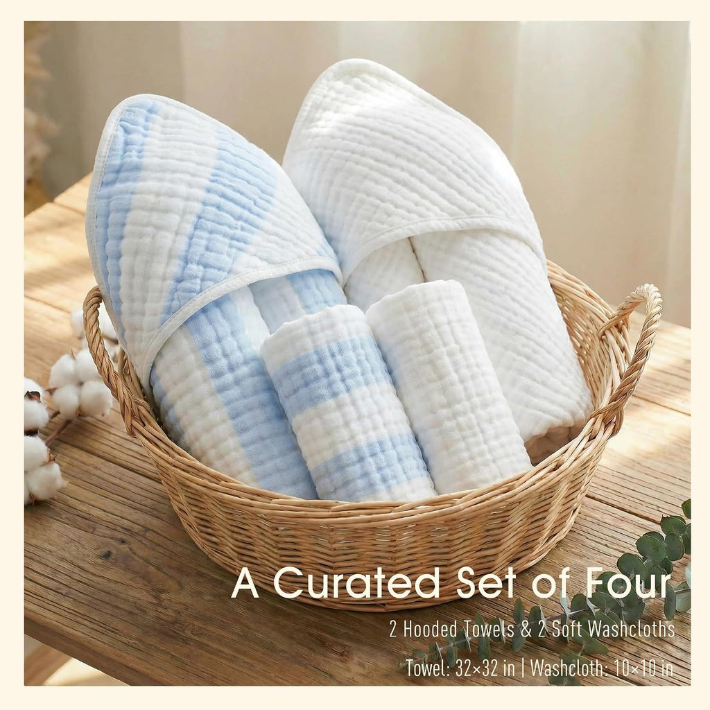 Organic Muslin Hooded Baby Bath Towel 4pc for Newborn - Blue Stripe