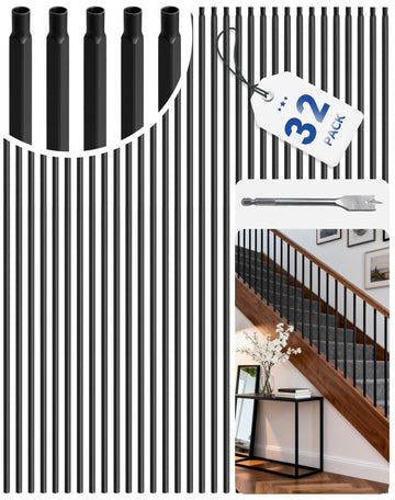 32 Pack Iron Balusters for Staircase Interior, 44 Inches Square Hollow Metal Balusters, 1/2" Wrought Iron Stair Hand