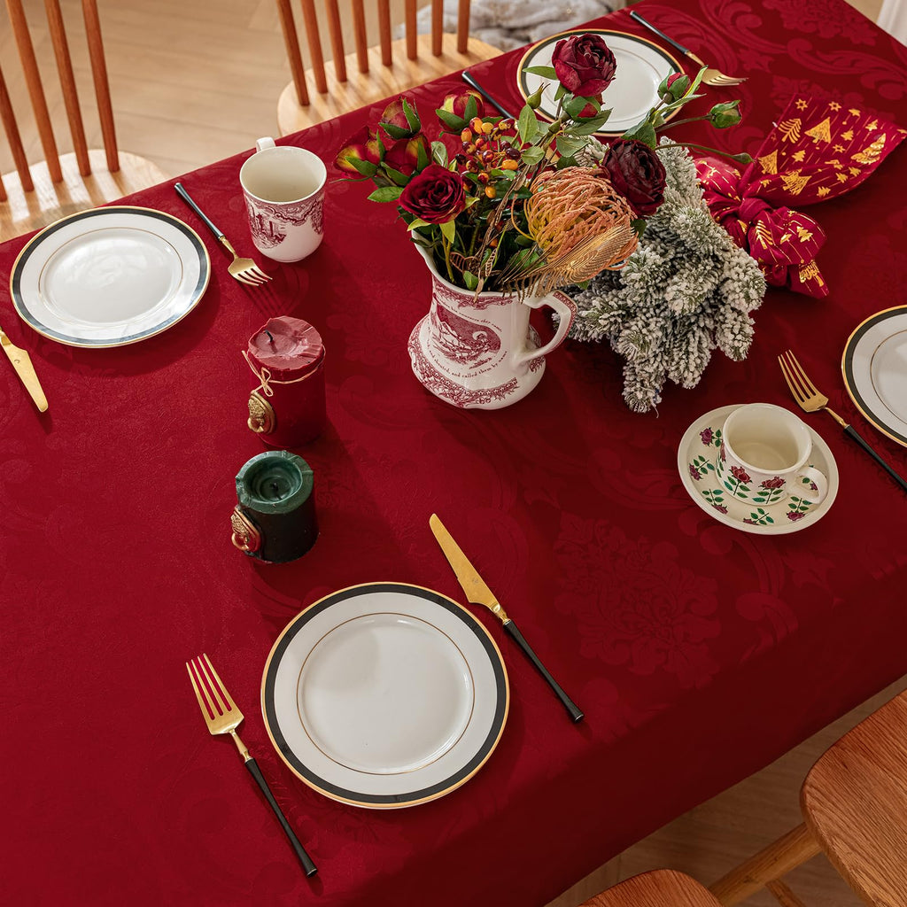 Christmas Jacquard Rectangle Tablecloth with Red Flower - Waterproof Damask Vintage Floral Table Cloth, Xmas