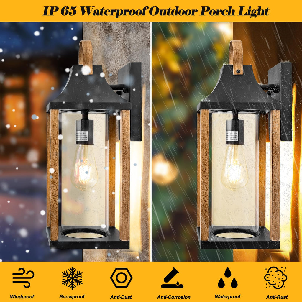 Outdoor Wall Light Rustic Wood Cylindrical Glass 17" Large